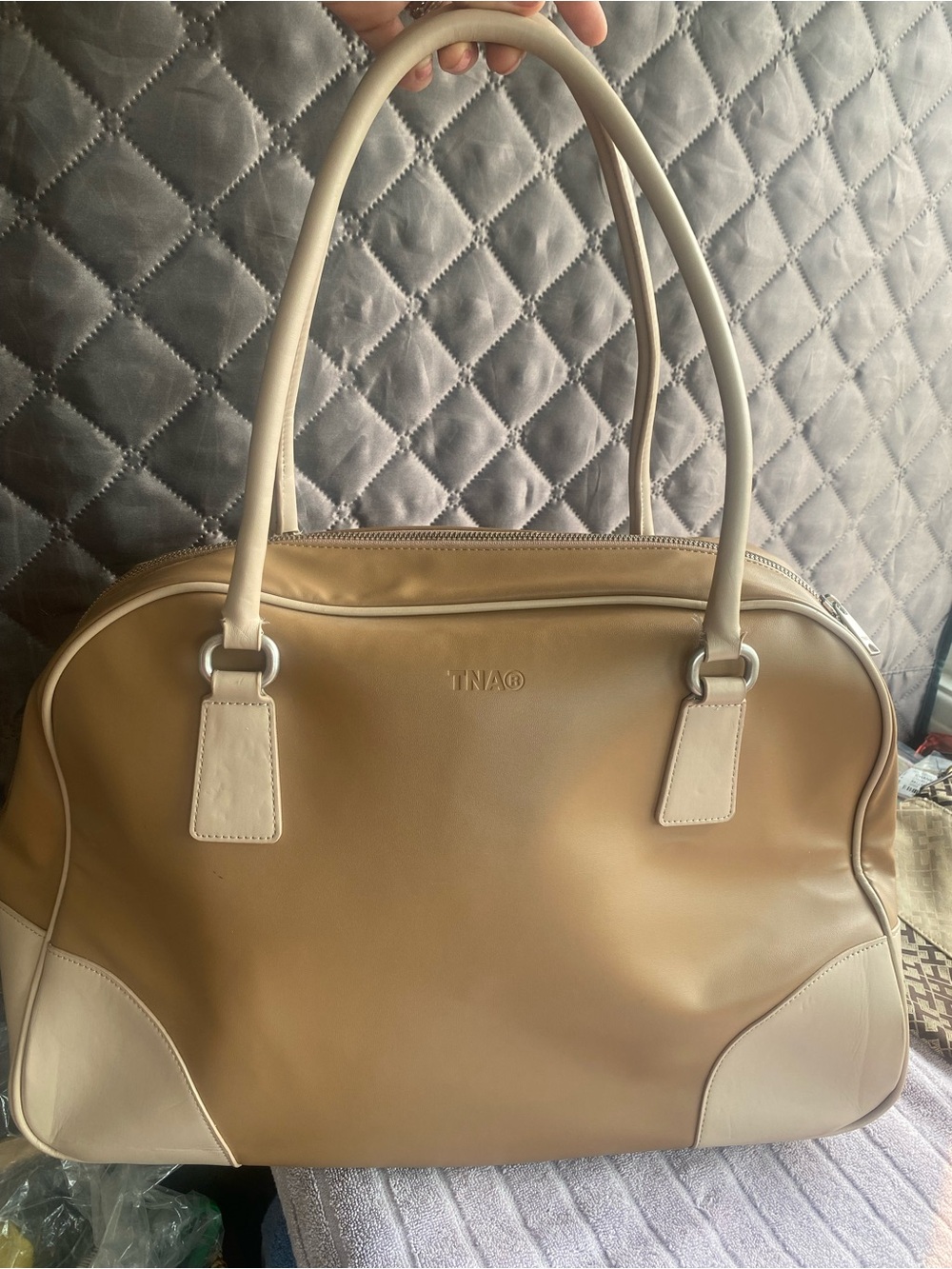 Aritzia Tna Throwback Bowling Bag Tan Cream Vegan Leather Duffle y2k style